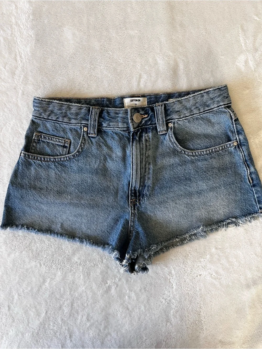 Cotton On Light Blue Frayed Hem Denim Cheeky Shorts Size 28